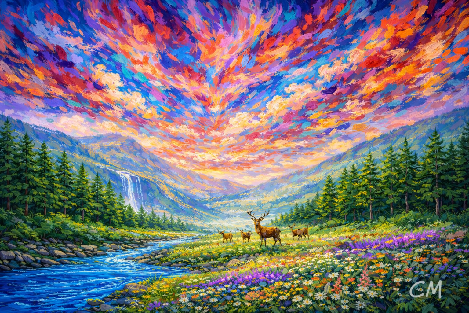 "Deer in Glen" - Abstract Realism Painting