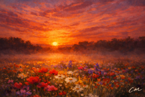wildflowers at sunset
